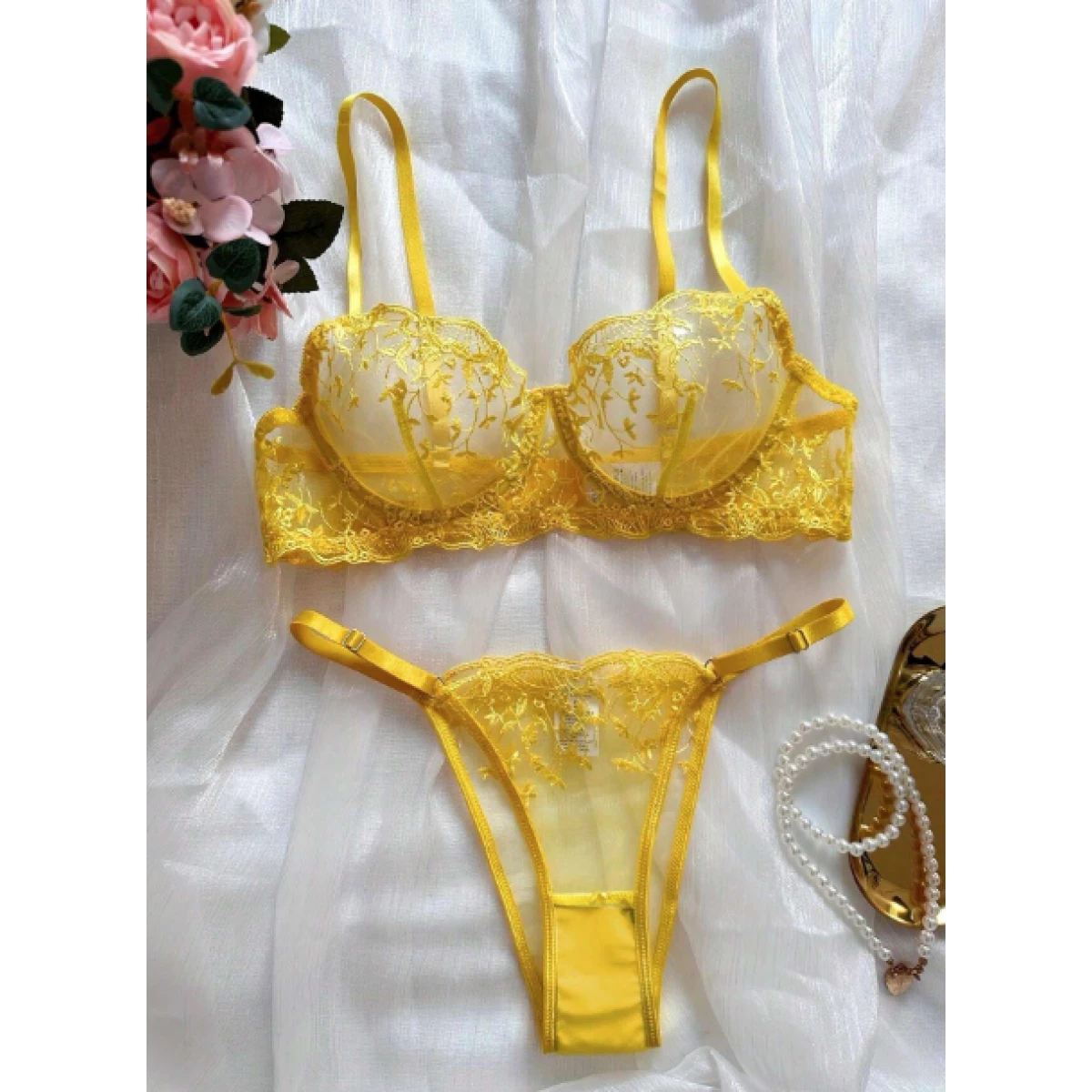 Women S 2 Piece Lingerie Set Yellow Sheer Mesh Bra Panty With