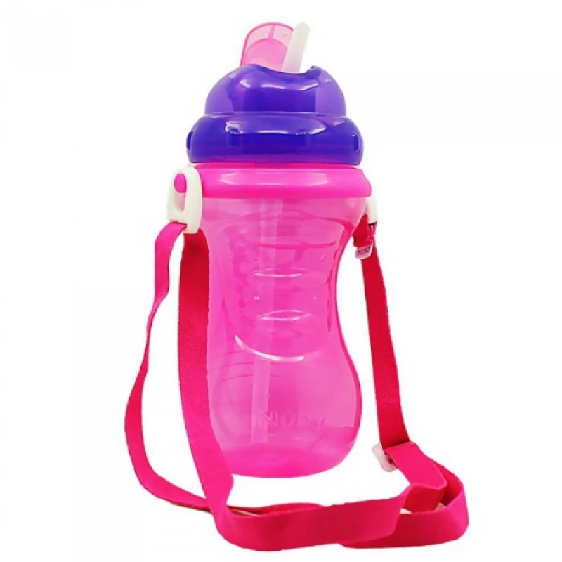 Nuby Flip-It Straw Cup With Strap - Purple, 420ml - نوبي