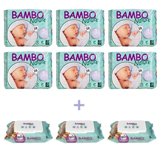6x Bambo Nature New Born 1 (2-4 Kg) + 3x Bambo Nature Wet Wipes x80 6x Bambo Nature New Born 1 (2-4 Kg) + 3x Bambo Nature Wet Wipes x80
