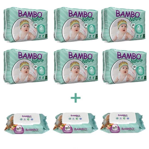 6x Bambo Nature Mini 2 (3-6 Kg) + 3x Bambo Nature Wet Wipes x80 6x Bambo Nature Mini 2 (3-6 Kg) + 3x Bambo Nature Wet Wipes x80