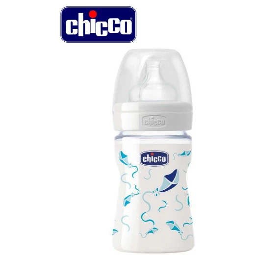 CHICCO - Biberon verre 150ml tetine flux normal bleu 0m+ CHICCO - Biberon verre 150ml tetine flux normal bleu 0m+