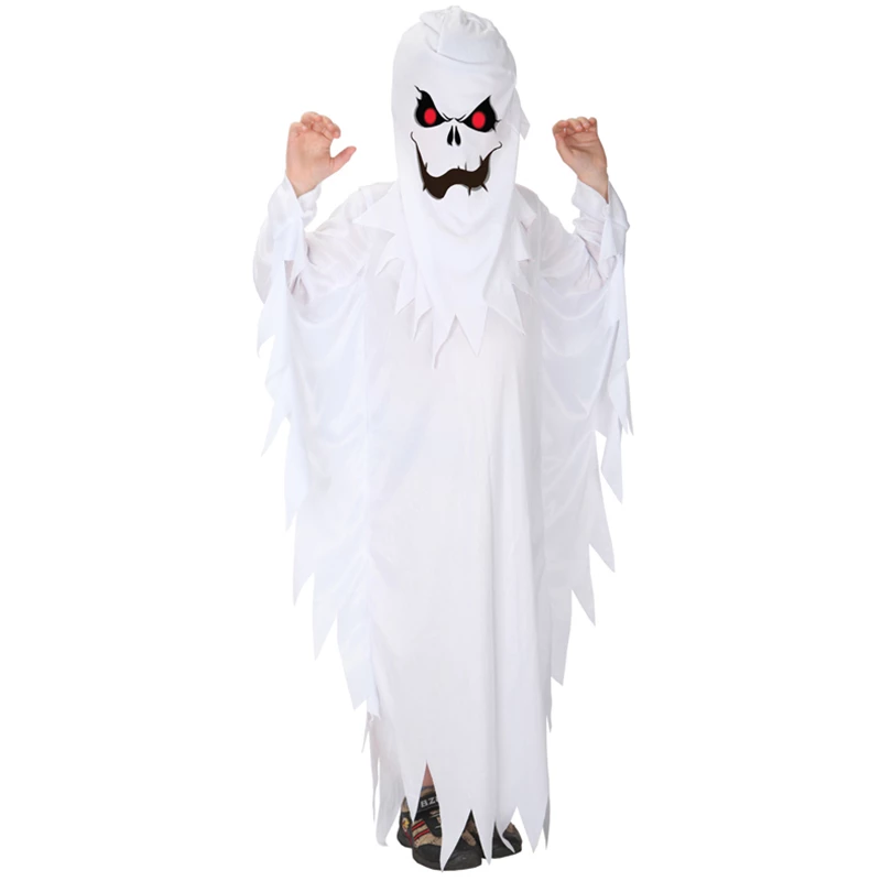 Halloween Scary Costumes for Kids White Ghost Costume Robe for Boys, Girls dress up (5-8 years old) - Large