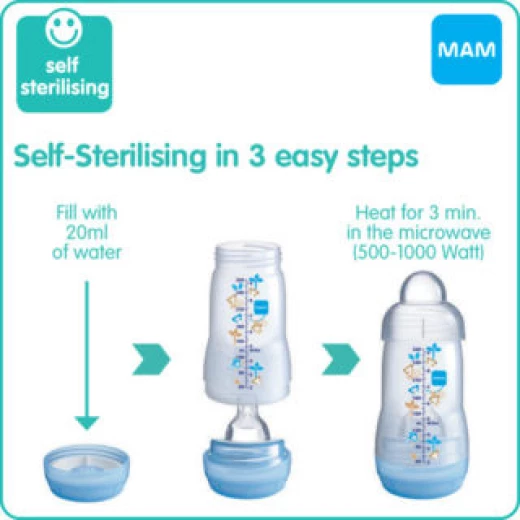 MAM Easy Start Self Sterilising Anti-Colic Bottle, Medium Flow (Designs May Vary) - 260 ml - أزرق - ام اند ام - Image 2