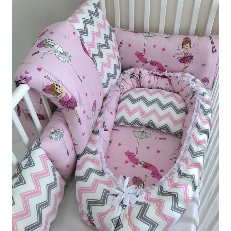 Anett Newborn Baby Bedding Set, Ballerina with Chevron Pattern, Pink & Grey - أنيت