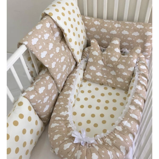 Anett Newborn Baby Bedding Set, Clouds with Dots, Cappuccino Anett Newborn Baby Bedding Set, Clouds with Dots, Cappuccino