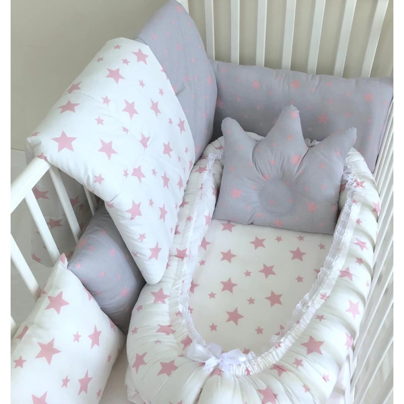 Anett Newborn Baby Bedding Set, Pink Stars, White & Grey - أنيت