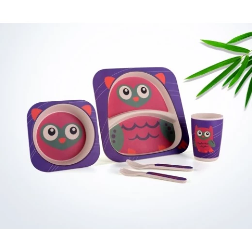 Bamboo Fiber Kids Feeding Set, Eco Friendly, Toxic Free, Purple Owl - بامبو فايبر - Image 3