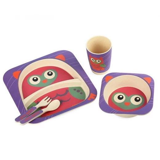 Bamboo Fiber Kids Feeding Set, Eco Friendly, Toxic Free, Purple Owl - بامبو فايبر - Image 2