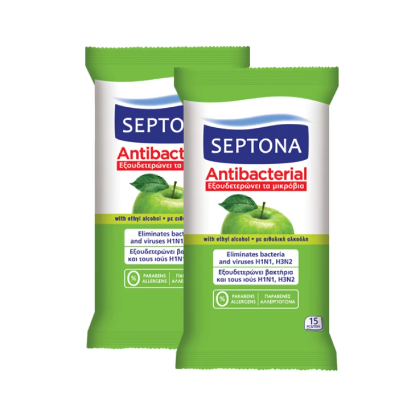 Septona Antibacterial Hand Wipes with Green Apple Fragrance, 15 Pieces X2 Packs - سيبتونا