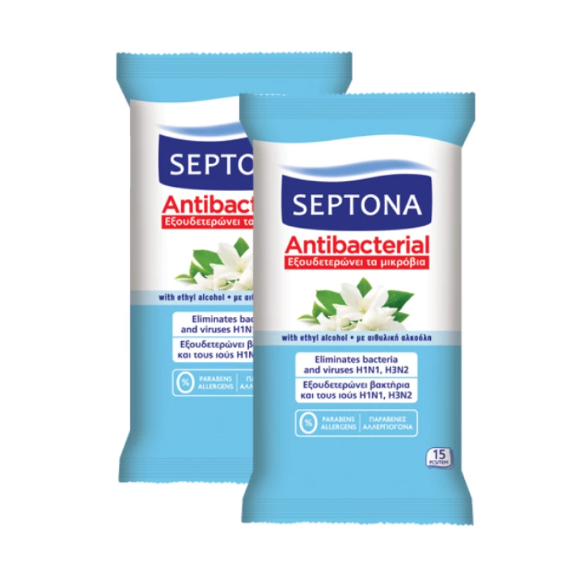 Septona Antibacterial Hand Wipes with Jasmine Fragrance, 15 Pieces X2 Packs - سيبتونا