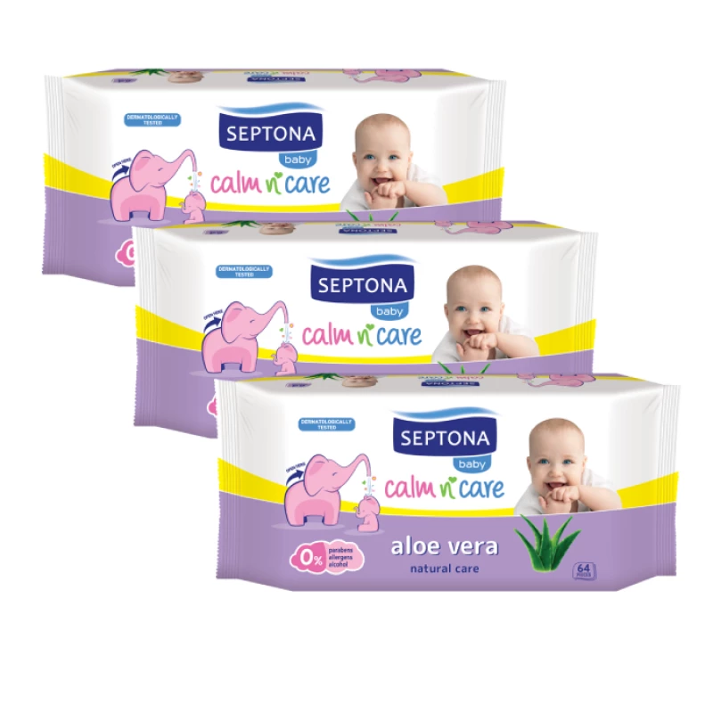 Septona Baby Wipes Aloe Vera, 64 pieces X3 Packs - سيبتونا