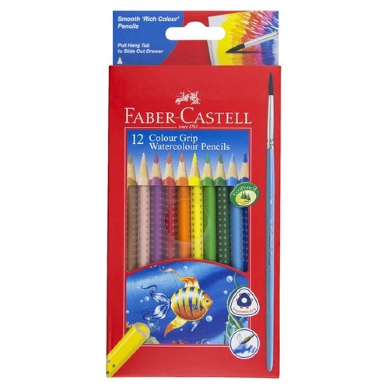 Faber Castell 12 Colour Grip + Brush, Watercolour Pencils - فابر كاستل