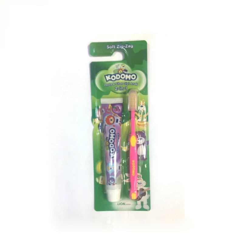 Kodomo 2 in 1 Zig Zag Brush and Toothpaste, Pink - كودومو