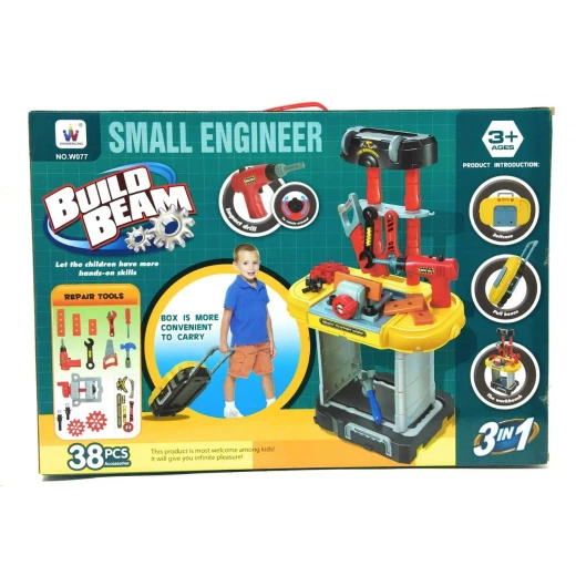 3 in 1 Small Engineer Build Beam Workshop Playset with Travel Luggage Trolley for Kids