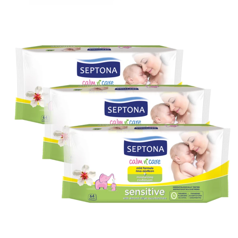 Septona Baby Wipes Sensitive Package, 64 pcs X 3 packs - سيبتونا