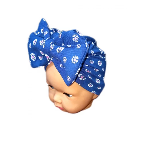 Baby Turban Headband, Navy Blue with White Flowers - Image 2