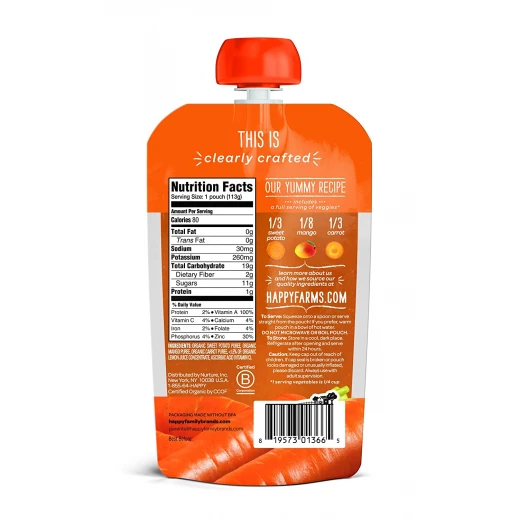 Happy Baby Organic Clearly Crafted Stage 2 Baby Food Sweet Potatoes, Mangos & Carrots Pouch, 113 g - هابي بيبي - Image 2