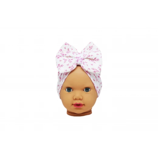 Baby Turban Headband, White with Pink Flowers Baby Turban Headband, White with Pink Flowers