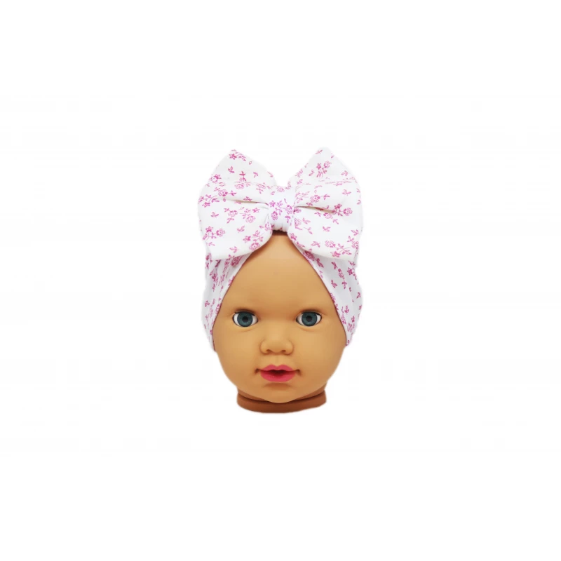 Baby Turban Headband, White with Pink Flowers