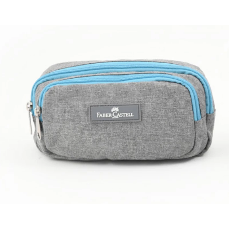 Faber Castell Large Pencil Case 2 Compartment, Light Grey& Blue Mario - فابر كاستل