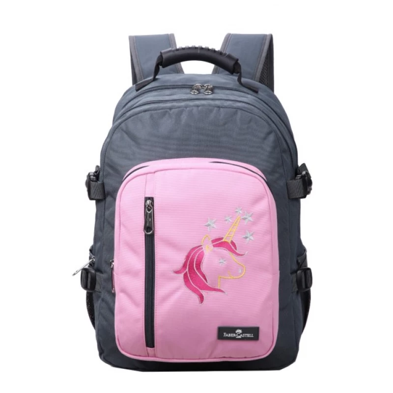 Faber-Castell Wanderer Bag 3 Compt Backpack, Dark Grey&Pink Unicorn - فابر كاستل