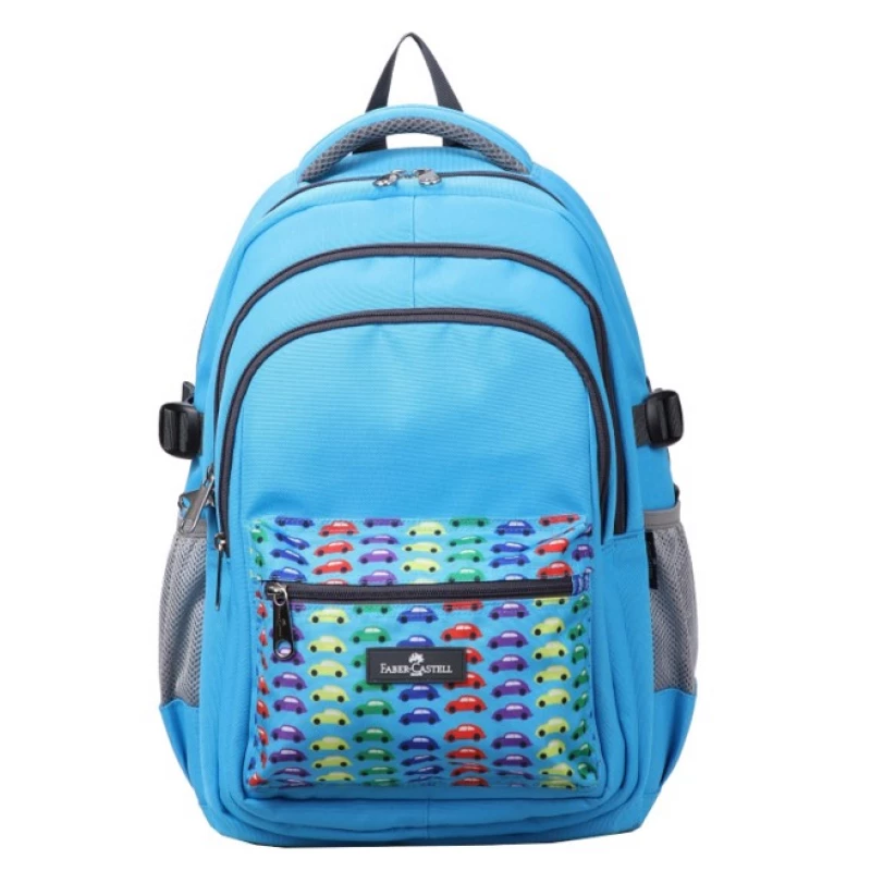 Faber-Castell School Bag 4 Compt Backpack, Light Blue Cars - فابر كاستل