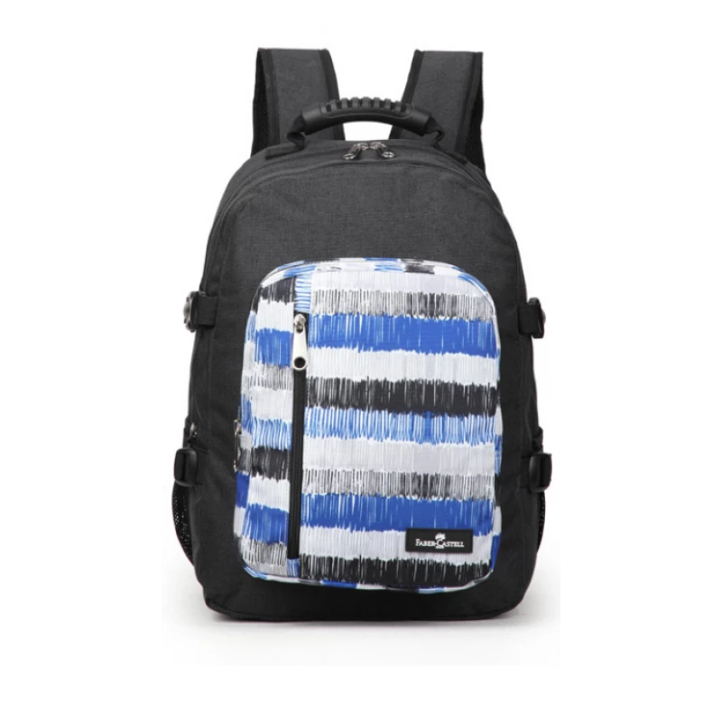 Faber-Castell The Wanderer School 3 Compt Backpack,Black & Blue strips - فابر كاستل