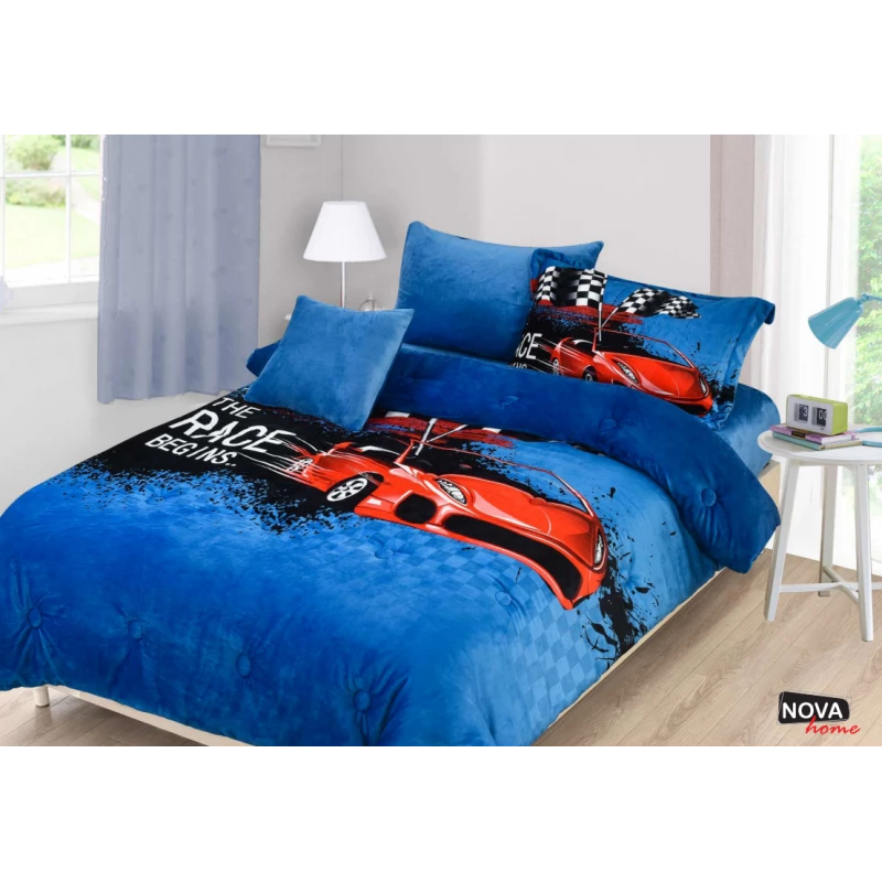 NOVA Velvet Comforter 4pcs Set L.S Coll. Race Twin Blue - نوفا هوم