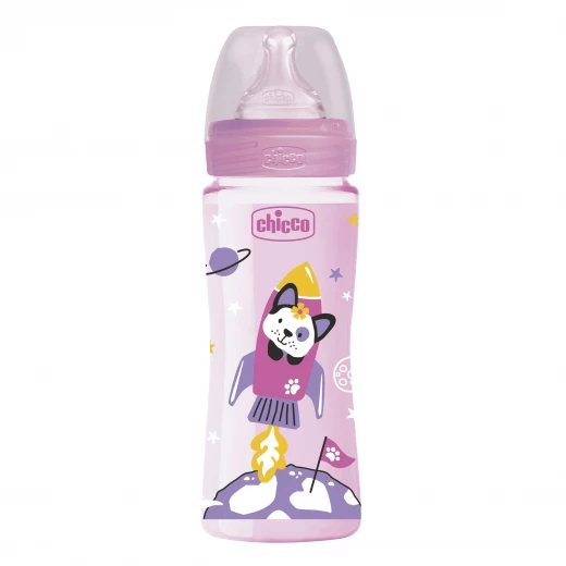 Chicco Well Being plastic baby bottle with fast flow silicone nipple, Pink Chicco Well Being plastic baby bottle with fast flow silicone nipple, Pink
