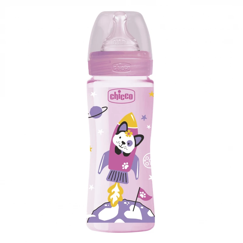 Chicco Well Being plastic baby bottle with fast flow silicone nipple, Pink - Chicco