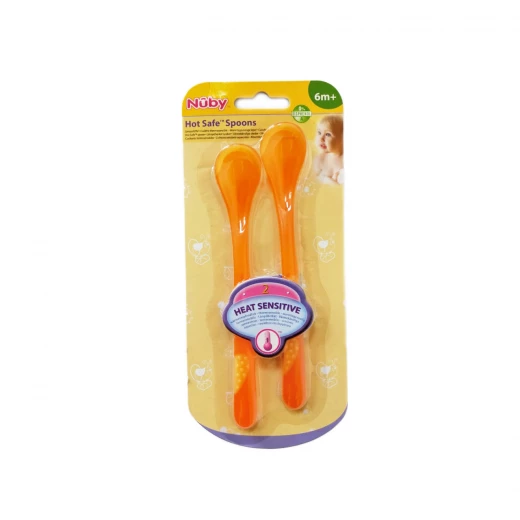 Nuby Patented Angled Hot Safe™ Spoon +6 months, 2 pieces - برتقالي Nuby Patented Angled Hot Safe™ Spoon +6 months, 2 pieces - برتقالي