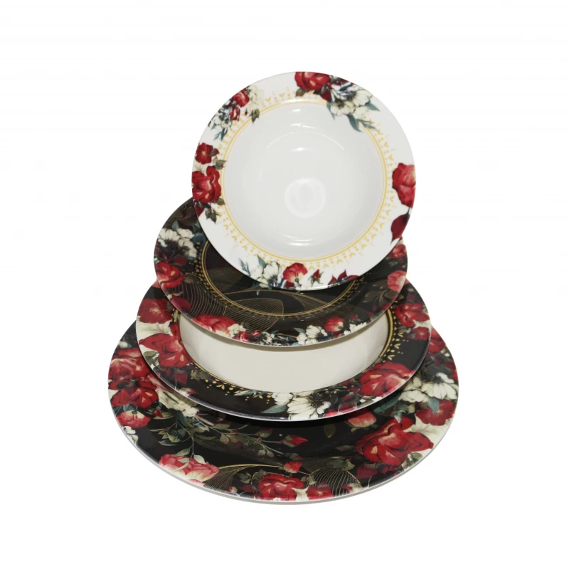 Glass Plates Set Designed with Red Flowers, 24 pieces