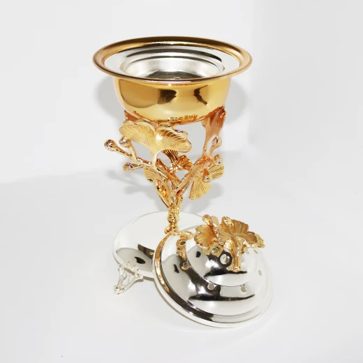Handmade Gold Incense Burner with Cover and Gold Shaped Stand - Large - Image 2