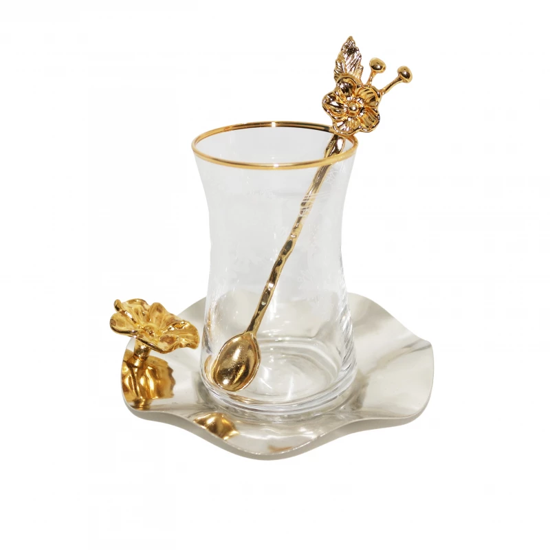 Set of Turkish Tea Glass with Gold Spoons, 18 pcs, Silver