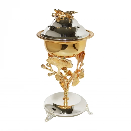 Handmade Gold Incense Burner with Cover and Gold Shaped Stand - Large Handmade Gold Incense Burner with Cover and Gold Shaped Stand - Large