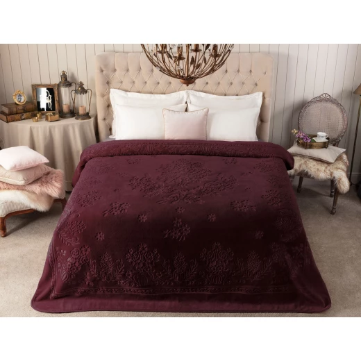 Madame Coco - Jardin Fleuri Emboss Mink Blanket , Burgundy Madame Coco - Jardin Fleuri Emboss Mink Blanket , Burgundy
