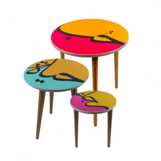 KHCF Set of Three Wooden Tables Designed with Kid's Drawings or Positive Words KHCF Set of Three Wooden Tables Designed with Kid's Drawings or Positive Words