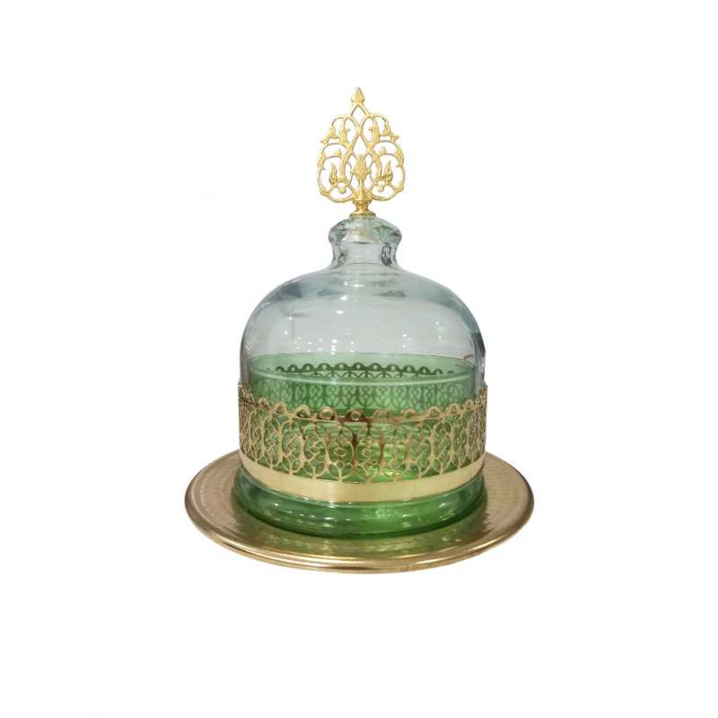 Mid 19th Century Gold Plated Candy Bowl with Lid Green Glass Vase