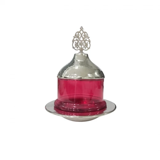 Mid 19th Century Sliver Plated Candy Bowl with Lid Red Glass Vase