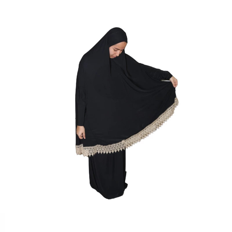 طقم صلاة نسائي بالكامل ، قطعتين ،باللون الأسود مع دانتيل ذهبي