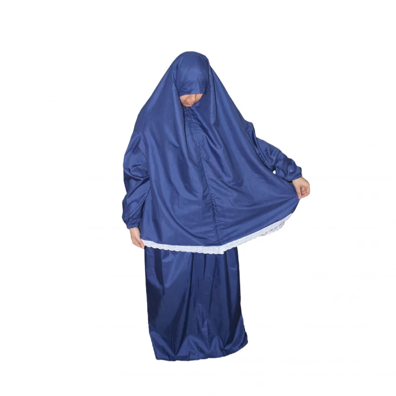 طقم صلاة نسائي بالكامل ، قطعتين ،باللون الكحلي مع دانتيل أبيض