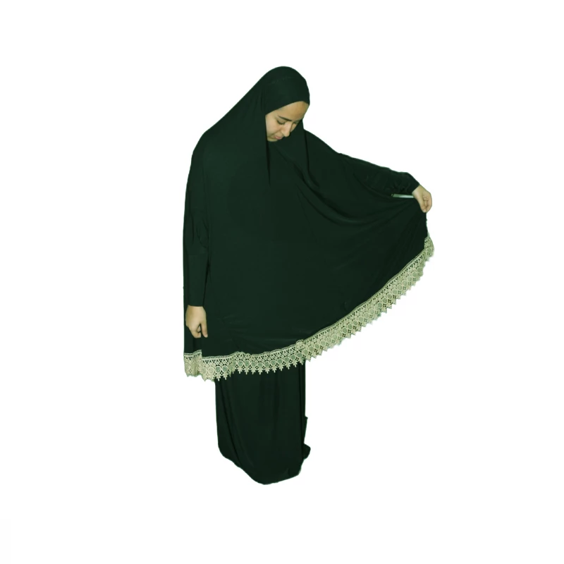طقم صلاة نسائي بالكامل ، قطعتين ،باللون الأخضر مع دانتيل ذهبي