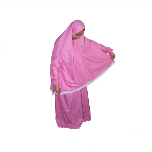 طقم صلاة نسائي بالكامل، قطعتين، باللون الزهري مع دانتيل أبيض طقم صلاة نسائي بالكامل، قطعتين، باللون الزهري مع دانتيل أبيض