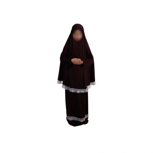 طقم صلاة ليجرا بالكامل للأطفال ، قطعتين ،باللون الخمري مع دانتيل أبيض طقم صلاة ليجرا بالكامل للأطفال ، قطعتين ،باللون الخمري مع دانتيل أبيض