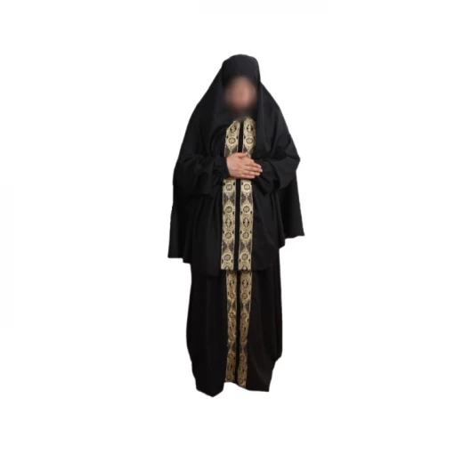 طقم صلاة ليجرا نسائي بالكامل، قطعتين، باللون الأسود مع نقوس في الوسط طقم صلاة ليجرا نسائي بالكامل، قطعتين، باللون الأسود مع نقوس في الوسط