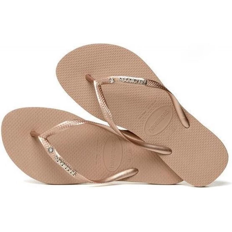 Havaianas Slim Metal Logo Flip Flops With Swarovski Crystals Rose Gold, Size 37/38 - هافياناس