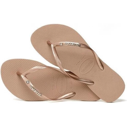 Havaianas Slim Metal Logo Flip Flops With Swarovski Crystals Rose Gold, Size 39/40