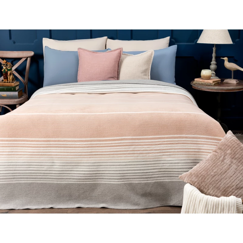 Madame Coco Bernelle Striped Cotton Double Blanket - Baby Pink / Gray - مدام كوكو