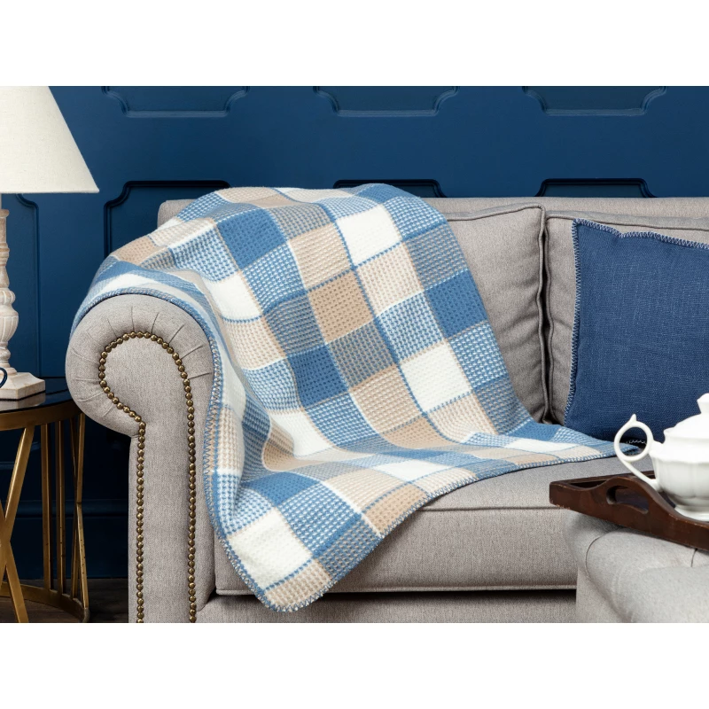 Madame Coco Odline Plaid Cotton TV Blanket - Blue / Beige - مدام كوكو