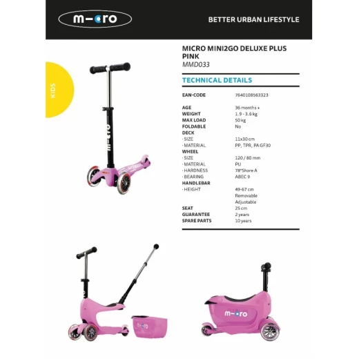 Mini Micro 2Go Kickboard Deluxe Plus, Pink - Micro - Image 3